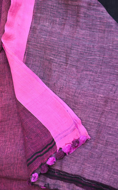 PURE LINEN SAREE - BLACK & PINK