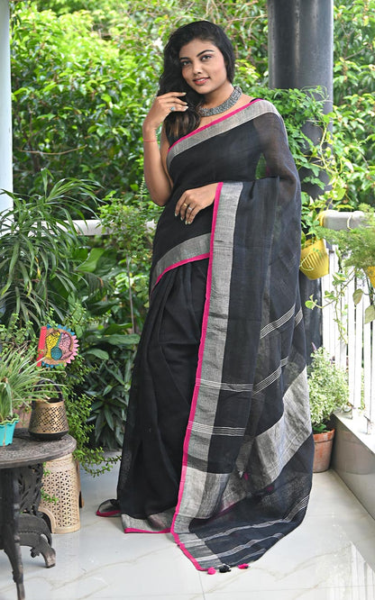 PURE LINEN SAREE - BLACK