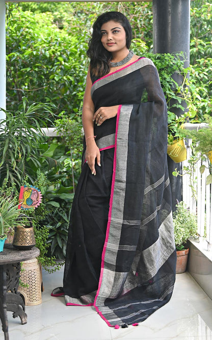 PURE LINEN SAREE - BLACK