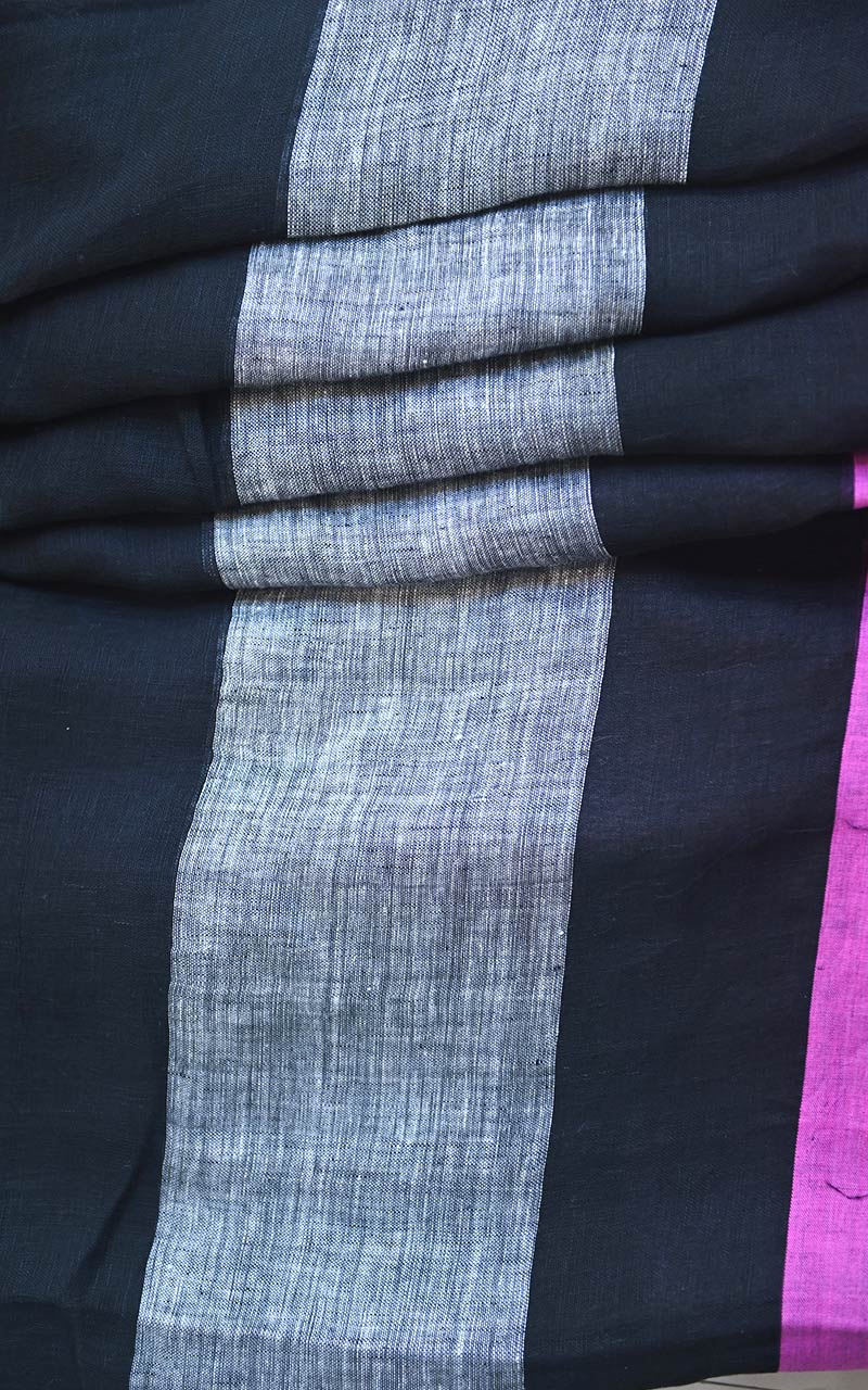 PURE LINEN SAREE - BLACK & PINK