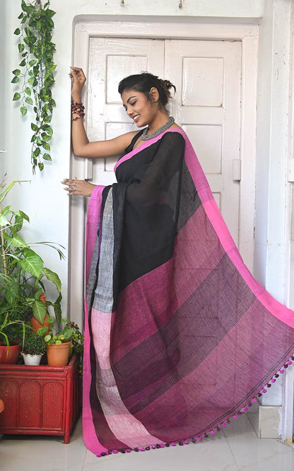 PURE LINEN SAREE - BLACK & PINK