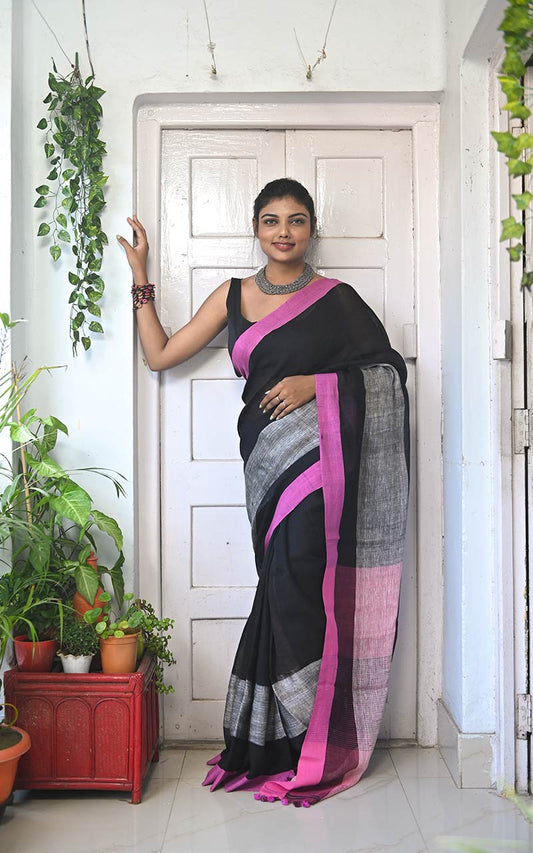 PURE LINEN SAREE - BLACK & PINK