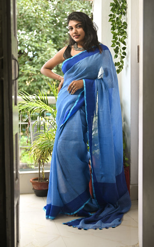 PURE LINEN SAREE - SHADES OF BLUE