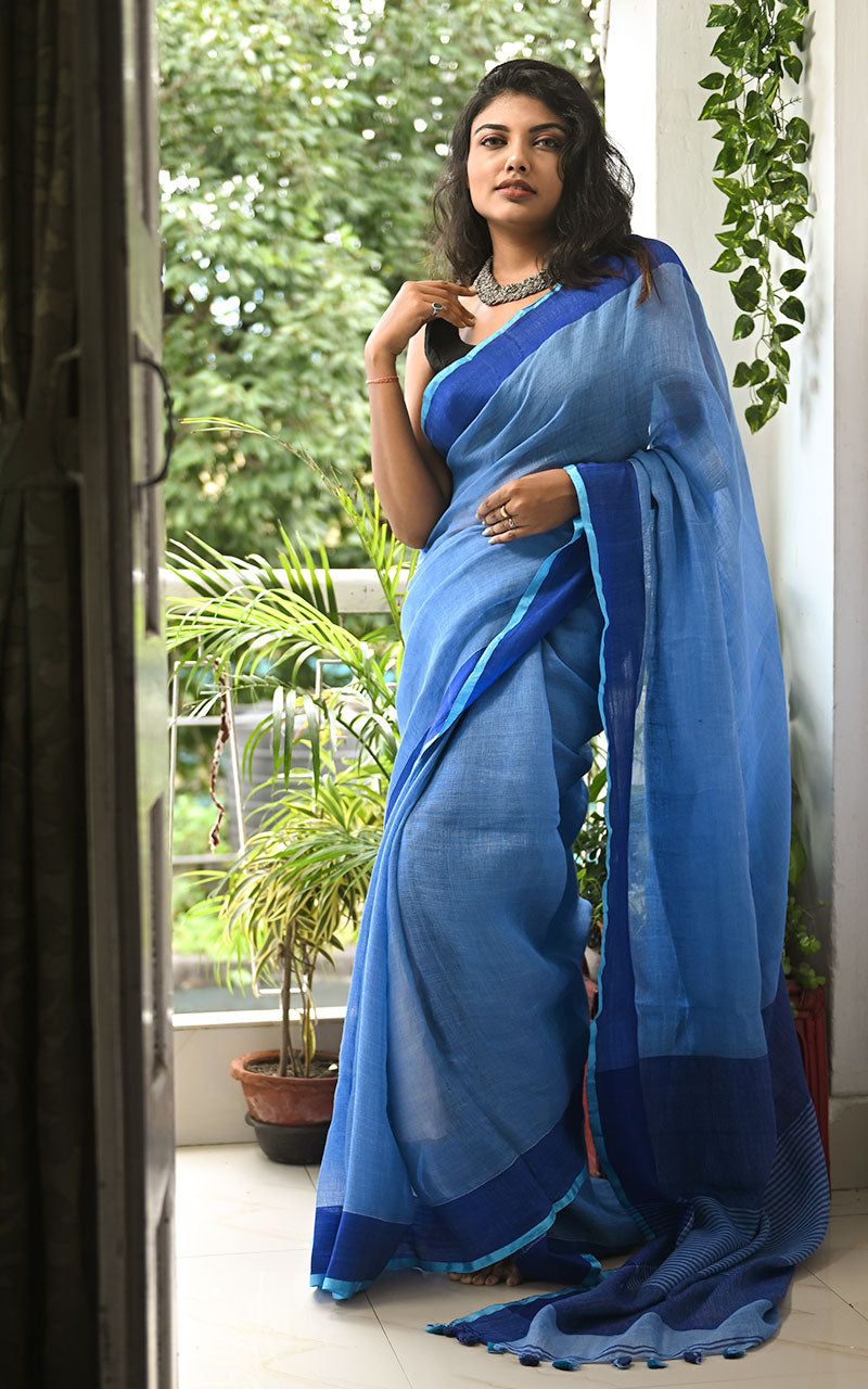 PURE LINEN SAREE - SHADES OF BLUE